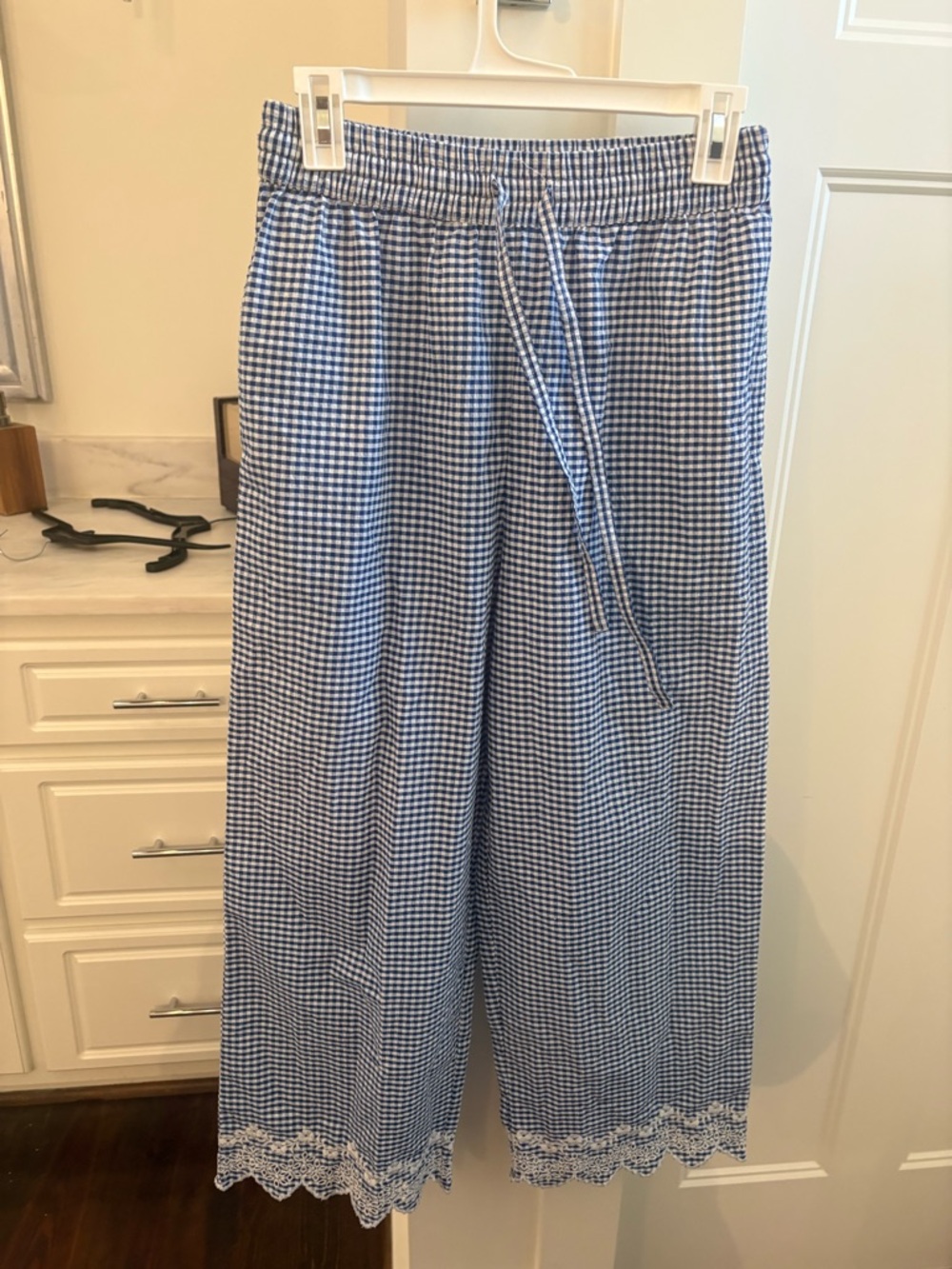 Loeffler Randall Blue & White Gingham Wide-Leg Pants with Lace Trim